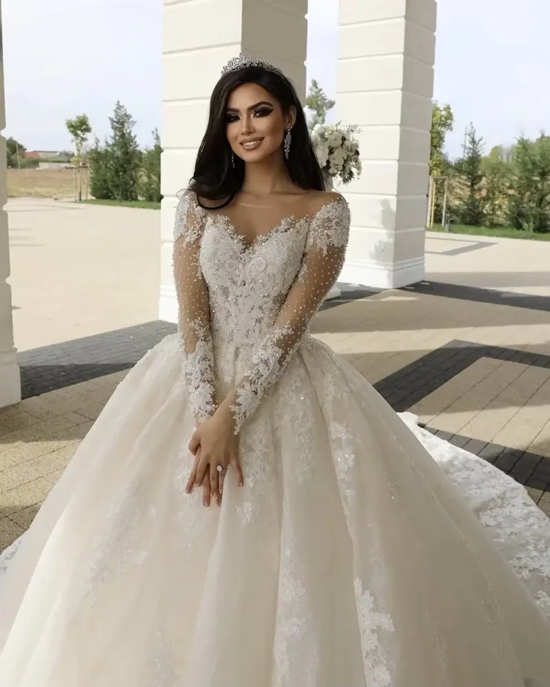 Elegant Illusion Neck Church Wedding Dresses Long Sleeves Lace Applique Beading Brids Gowns Ball Gown Women Vestidos de novia