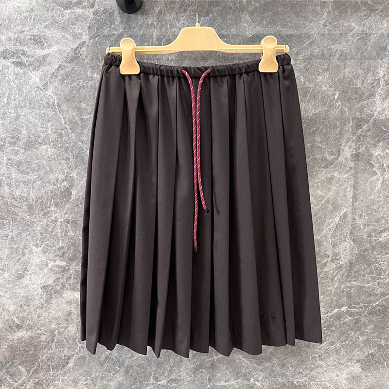 Vintage Pleated Skirt Designer Elastic Waist Brown Skirt Chic Preppy Style Skirt