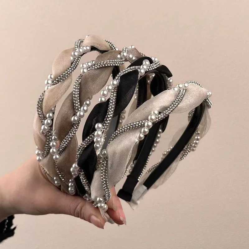 1pc Double Pearl Rhinestone Band Elegant Lace Braided Hair Hoop with Crystal Bezel for Women and Girls Stylish Hair Accessories Y250808