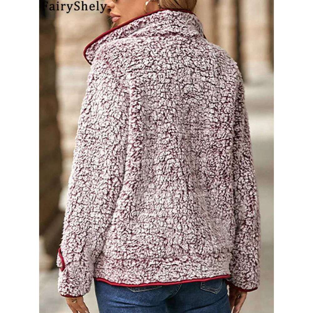 FairyShely Autumn Winter Women Pocket Jacket Thick Plush Warm Long Sleeve Ladies Single Breasted Turn Down Collar Coat
