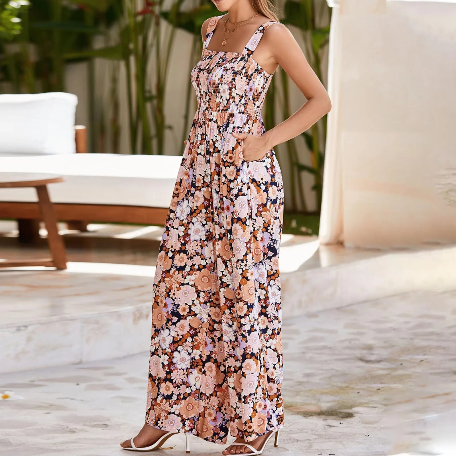 Sleeveless Printed Jumpsuit WomenS Casual Loose Overalls Wide Leg Long Pant Rompers With Pockets Jumpsuits 250807