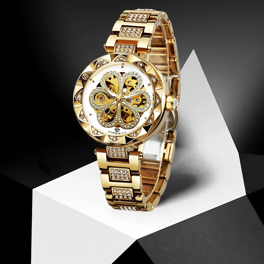 FORSINING Retro Women Automatic Mechanical Watch Skeleton Rhinestone Luminous Pointers Stainless Steel Stylish Female Wristwatch 250807