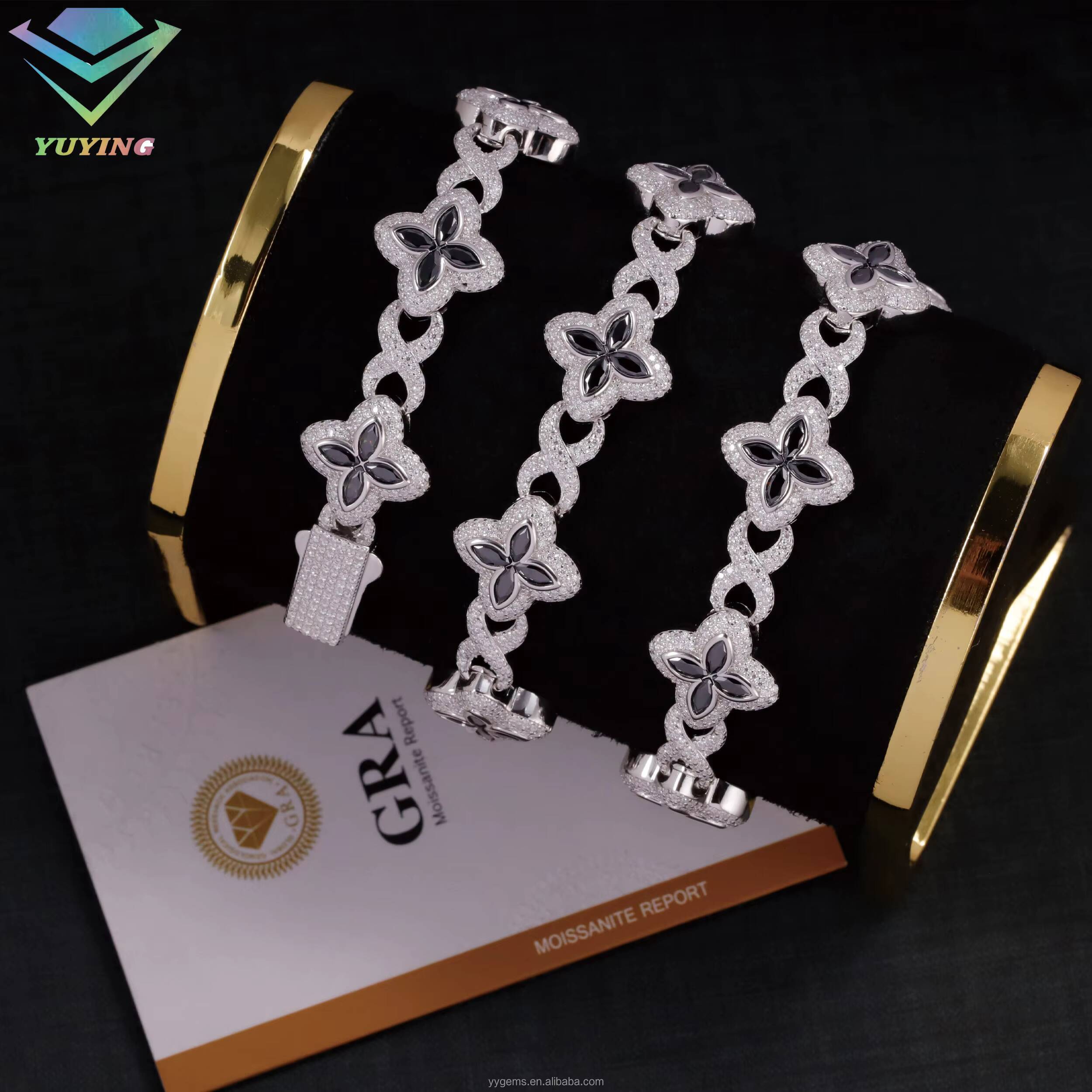 Yu Ying Black Diamond Marquise Moissanite 18K Gold Plated 925 Sterling Silver Four Leaf Clover Infinity Cuban Link Chain Jewelry