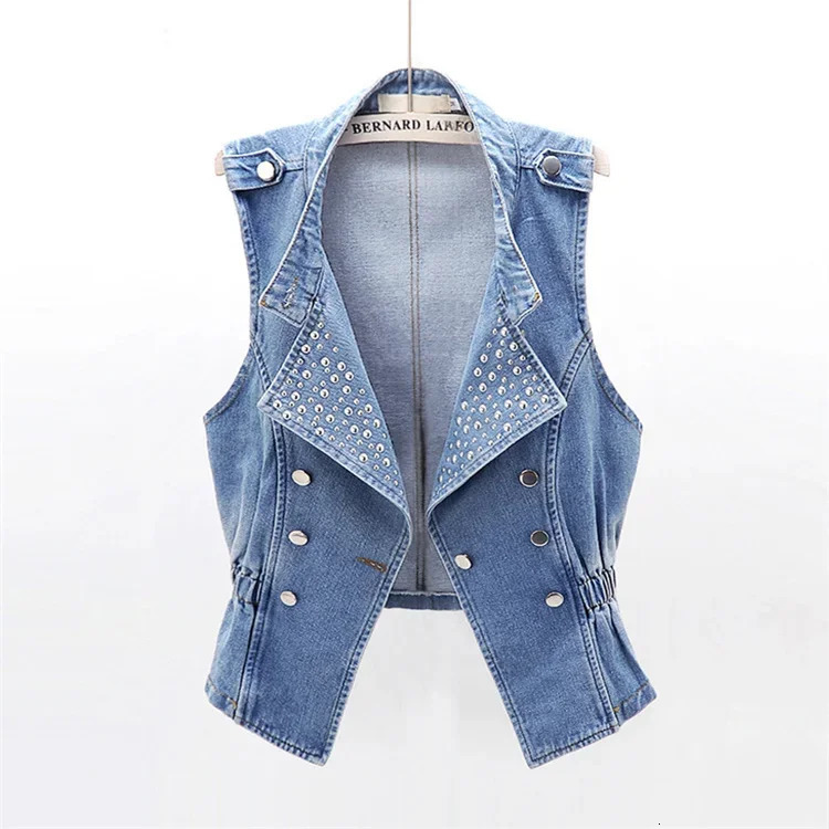 Vintage Blue Rivet Stand Collar Denim Vest Women Slim Short Cowboy Waistcoat Summer Sleeveless Jeans Jacket Female Outwear 250804