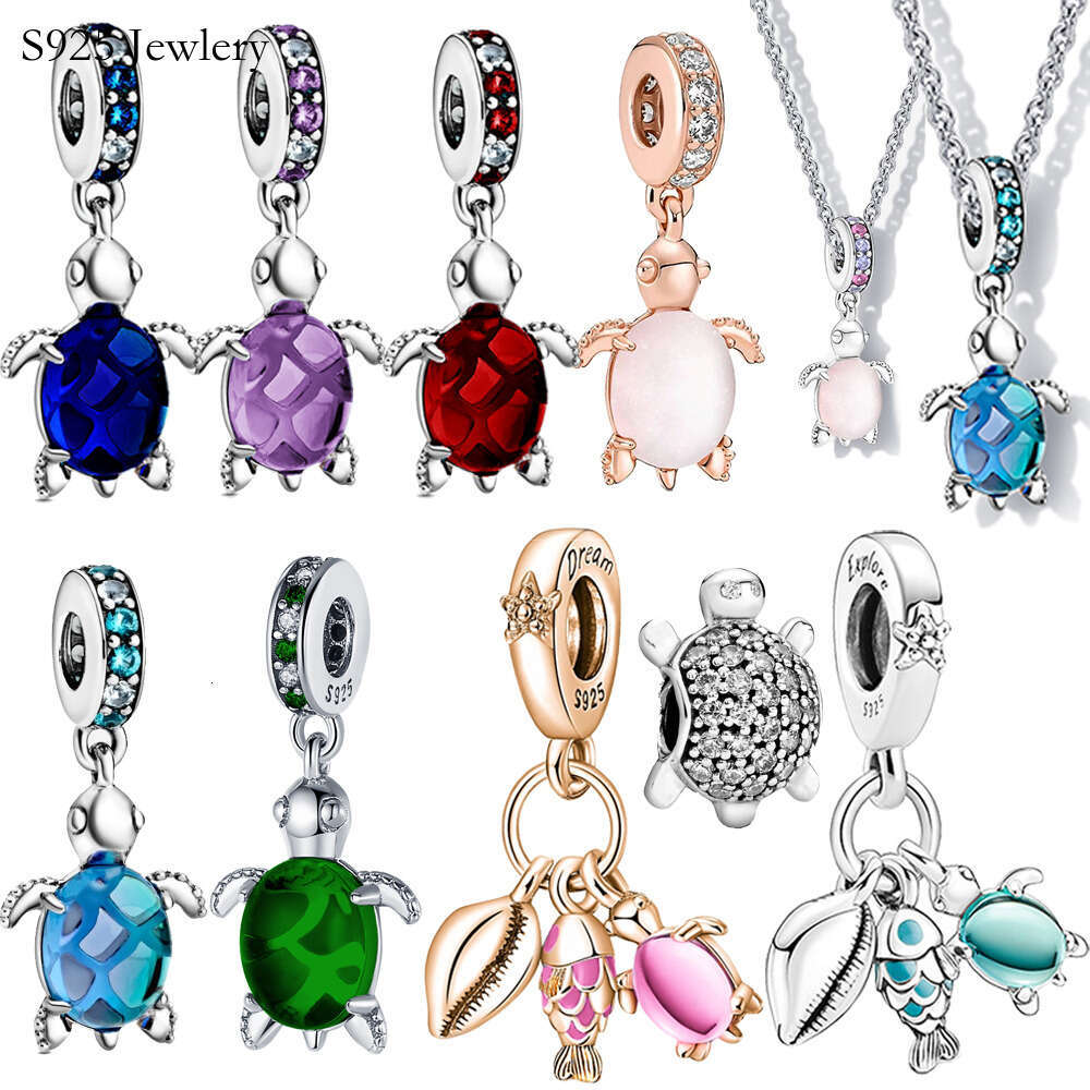 New Popular 925 Sterling Silver Charm Colorful Murano Glass Pink And Blue Turtle Charm For Bracelets Women Jewelry Fashion Accessories