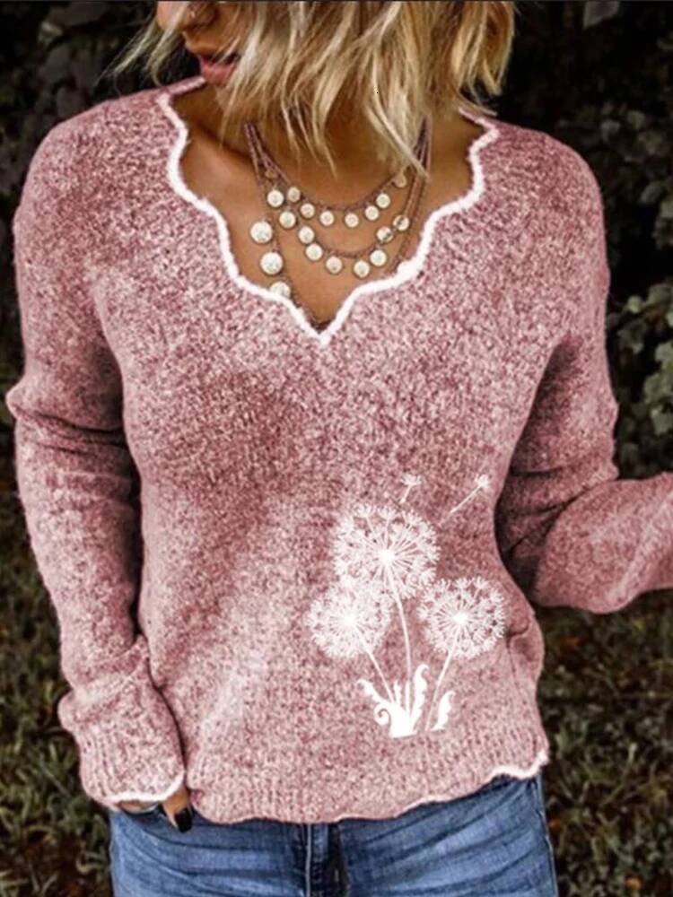 2024 Fall and Winter New Women's Printed Pattern V-neck Long Sleeve Casual Acrylic Pullover Sweater dongdumaoyi