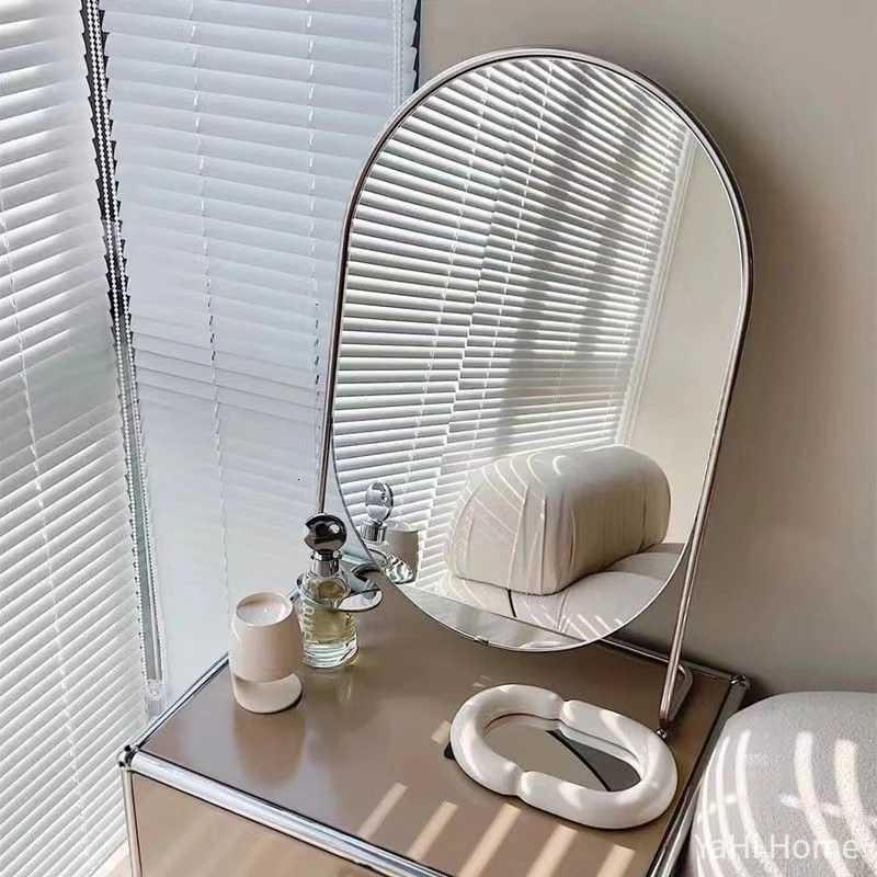 Rotating Oval Makeup Mirror Metal Standing Mirror Bathroom Desk Standing Korean Hairdressing Mirror Wall Mirror Home Bedroom Decor Z250807