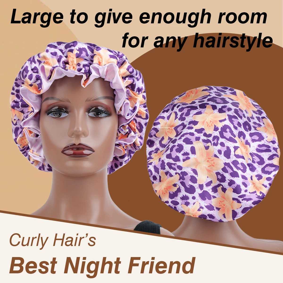 1PC Satin Bonnet for Hair Leopard Floral Print Ruffle Trim Protects Hair Lock Moisture Save Styles Sleep Cap for Women/Men Z250808