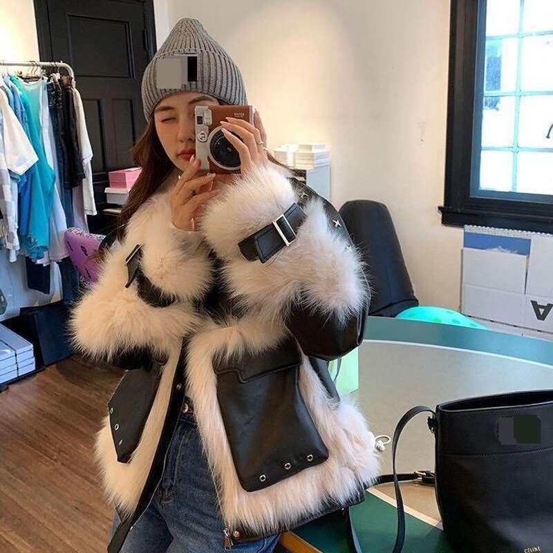 Women's Fox Patchwork Fur Motorcycle Vintage Loose Jacket fur coat