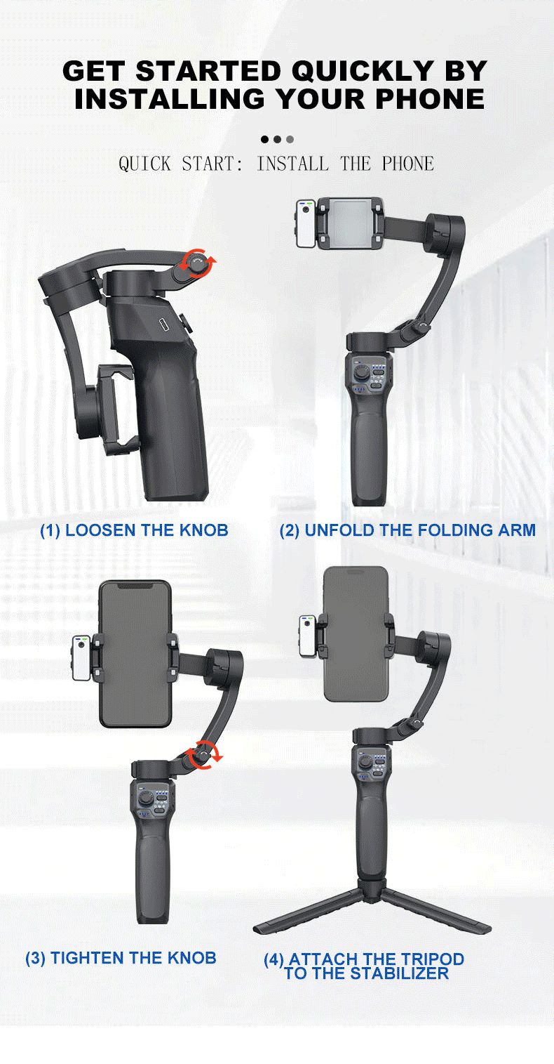 Gimbal Stabilizer for Smartphone Portable Foldable 3-Axis Phone Gimbal for Android & iPhone with Tripod Fill Light Face and Object AI Tracking for Vlo