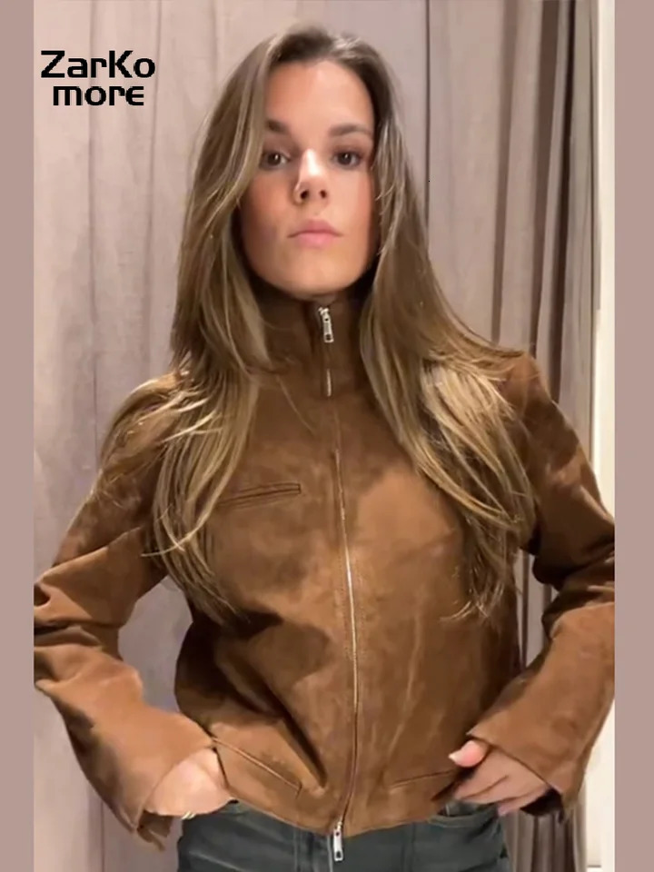 Fashion Womens Short Suede Jacket Loose Green Lapel Zipper Long Sleeve Bomber Coat Spring Lady High Street Outwears 250805