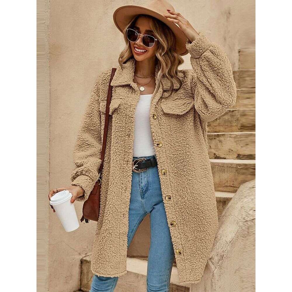Women's open-button lapel plush loose temperament commuter long coat