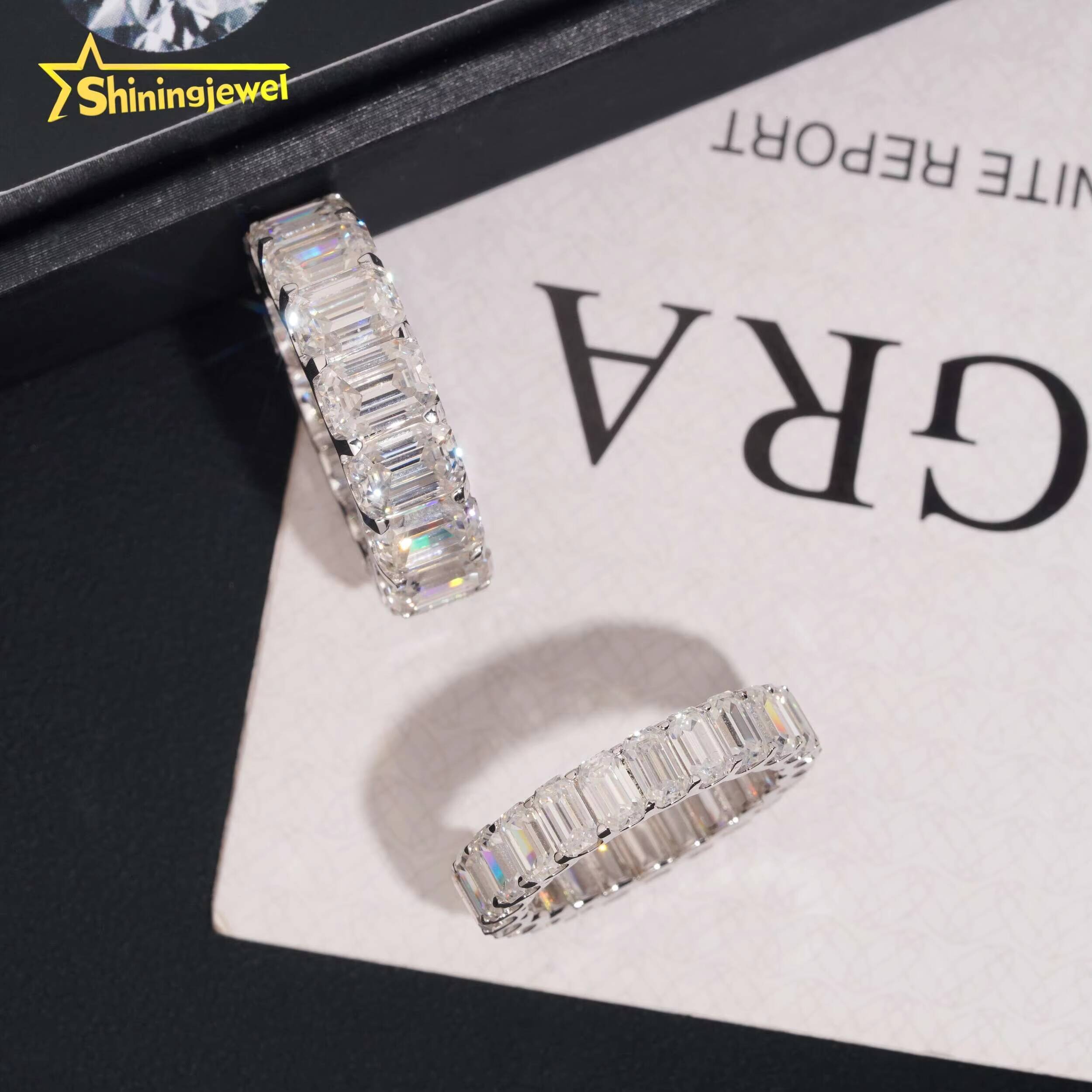 Wedding Jewelry VVS Moissanite Bands Bling 925 Sterling Silver 5x7 3x5 Emerald Eternity Band Ring Engraving Service Available