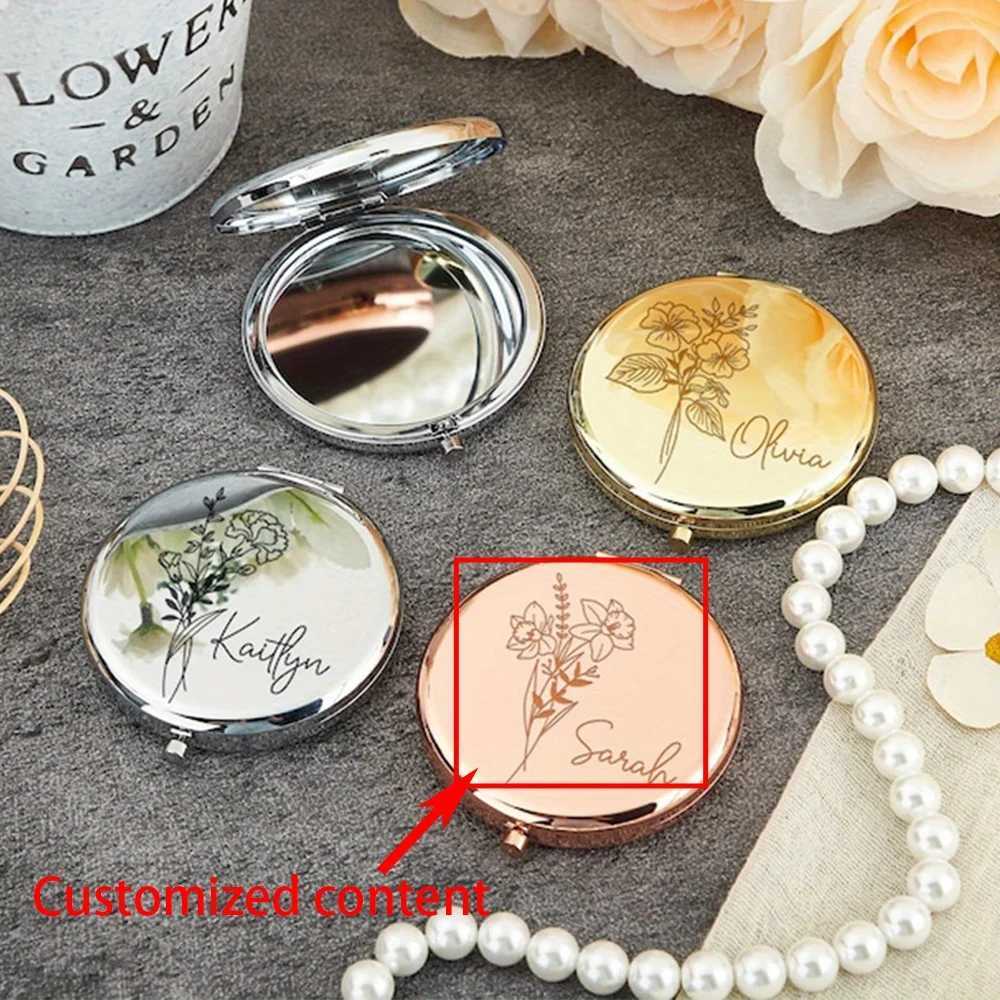 Engraved Compact Mirror with Birth Flower Design Elegant Portable Pocket Mirror for Her Custom Name Personalized Birthday Gift Z250807
