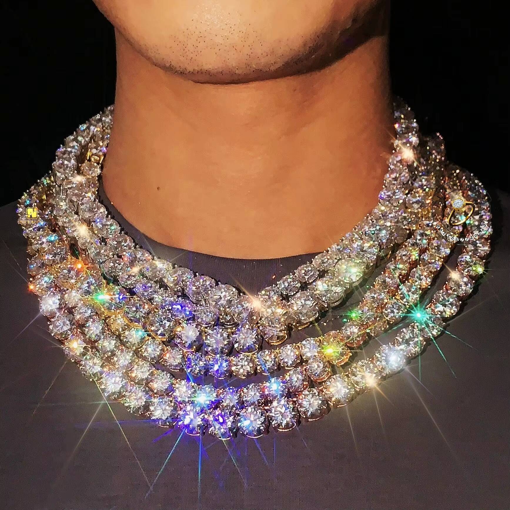 Luxury Blinding Flash 8mm 10mm BIG Stone Moissanite Tennis Chain Necklace Manufacturer 18k Gold Plated Necklace S925 Hip Hop