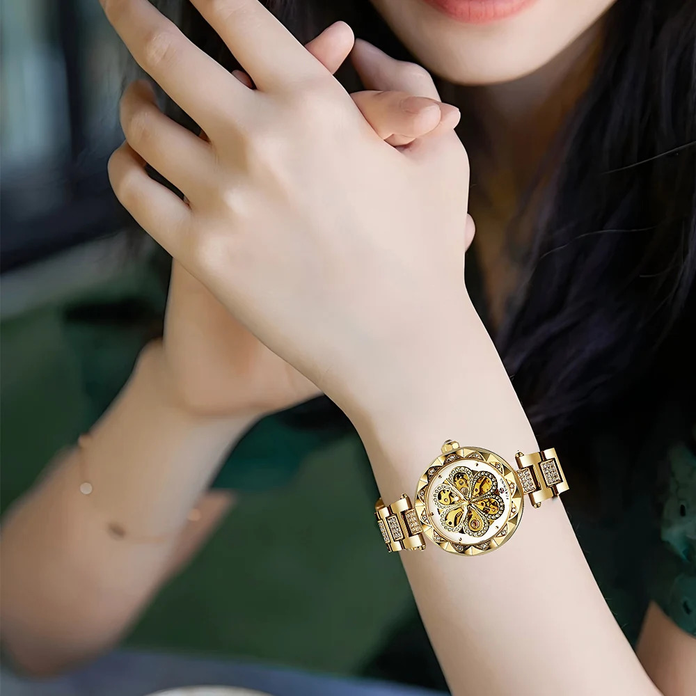 FORSINING Retro Women Automatic Mechanical Watch Skeleton Rhinestone Luminous Pointers Stainless Steel Stylish Female Wristwatch 250807