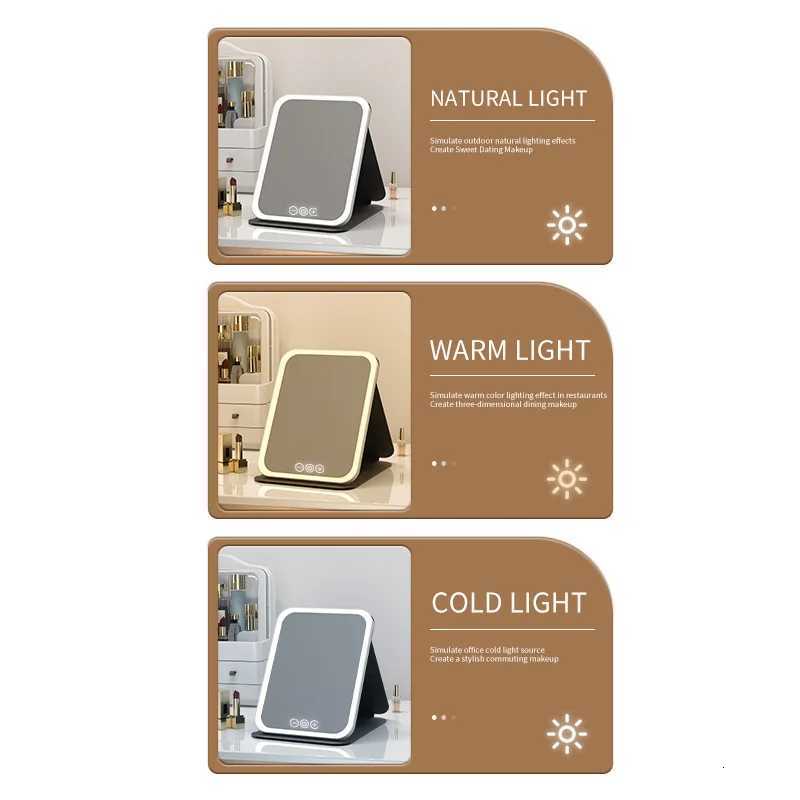 3 Colors Dimmable LED Makeup Mirror with Light Modes Adjustable Brightness USB Charging Foldable Mirror Tabletop Vanity Mirror for Travel and Home Z25