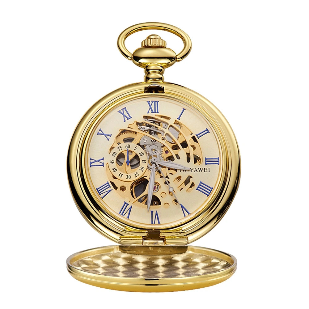 Stainless Steel Men Mechanical Pocket Watch Fashion Casual Skeleton dial Gold Hand Wind Mechanical Male Fob Chain Watches 250807