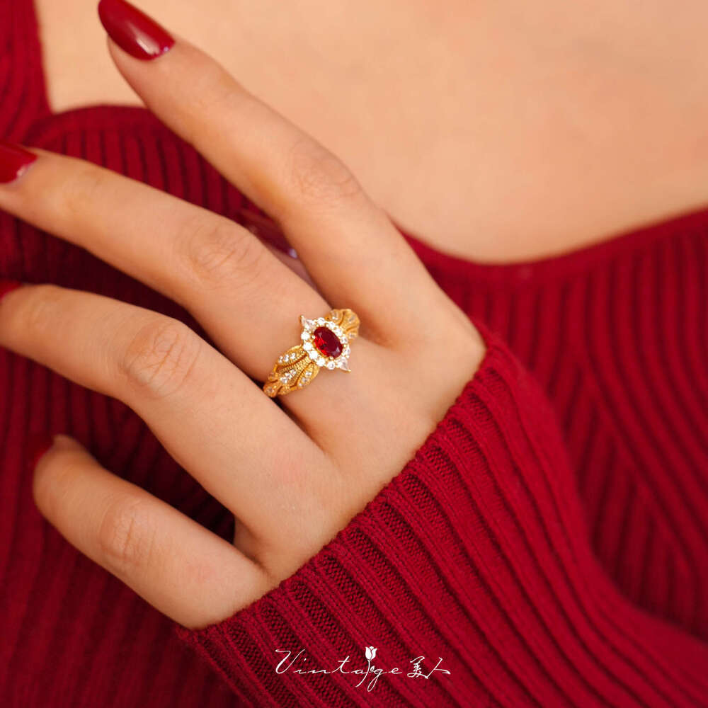 Puerto Rico" French Court High-End Design Niche Shiny Brightening Red Open Ring