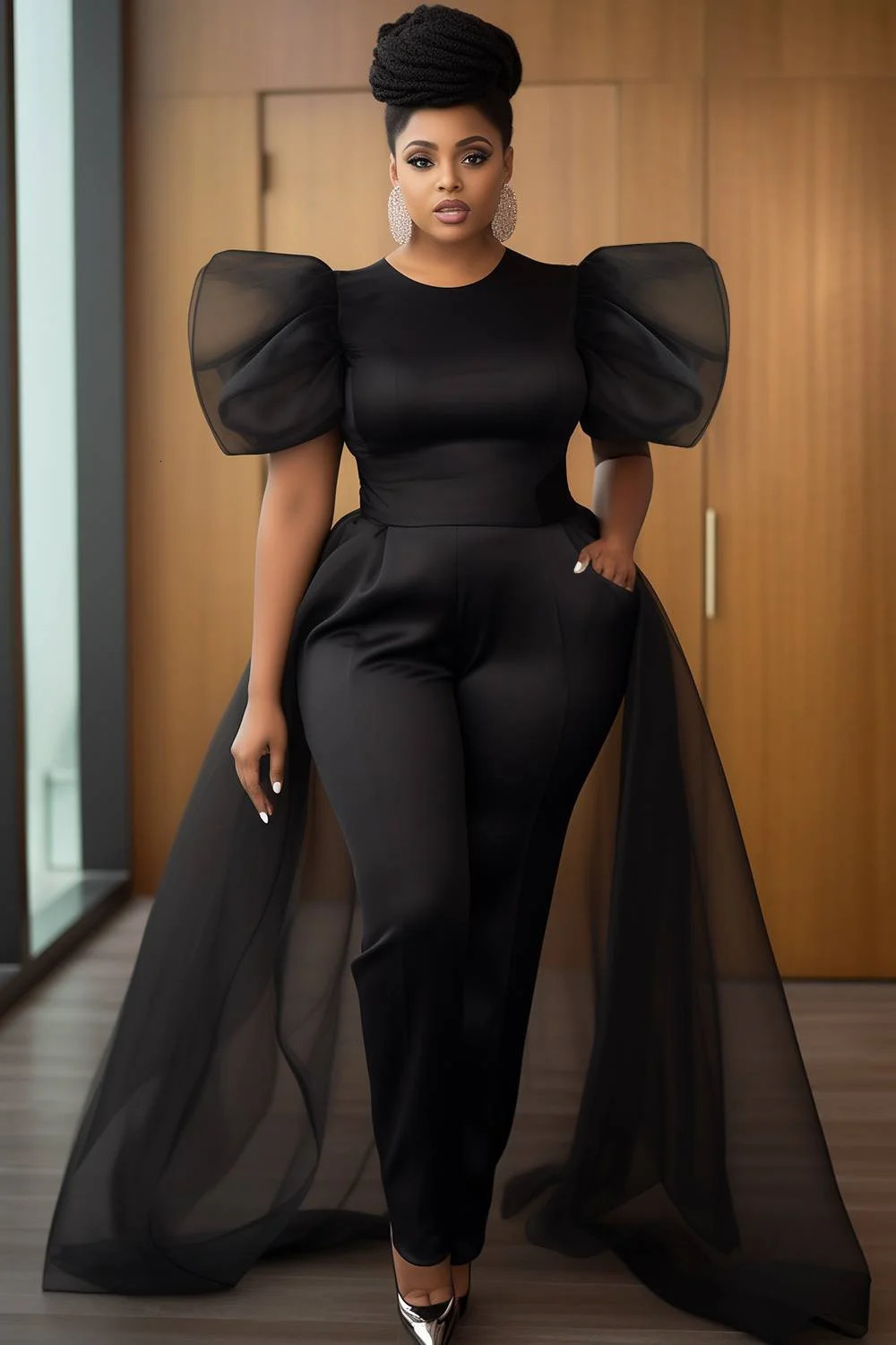 Plus Size Formal Black Round Neck Puff Sleeve Short Detachable Overskirt Pocket Tulle Jumpsuits 250807