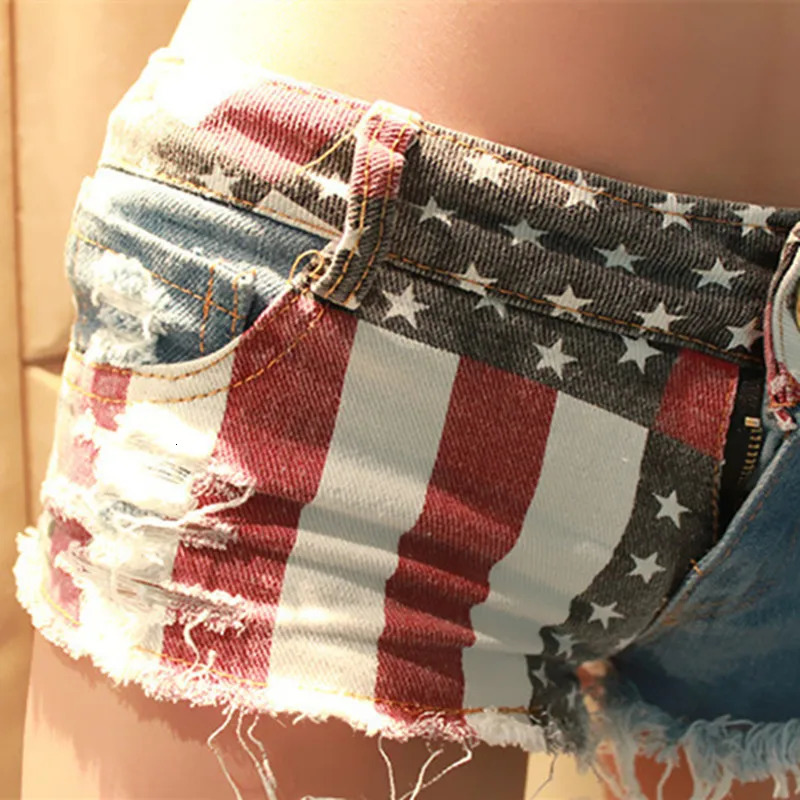Mid Waist Jeans Shorts Women Fashion USA Flag Printed Denim Pole Dance Skinny Hole Short Pants SXXL 250801
