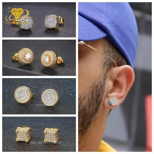 Hip Hop Jewelry Earrings Mens Rappers Moissanite Diamond Iced Out Gold Plated Geometric Screw Back Custom Stud Earrings