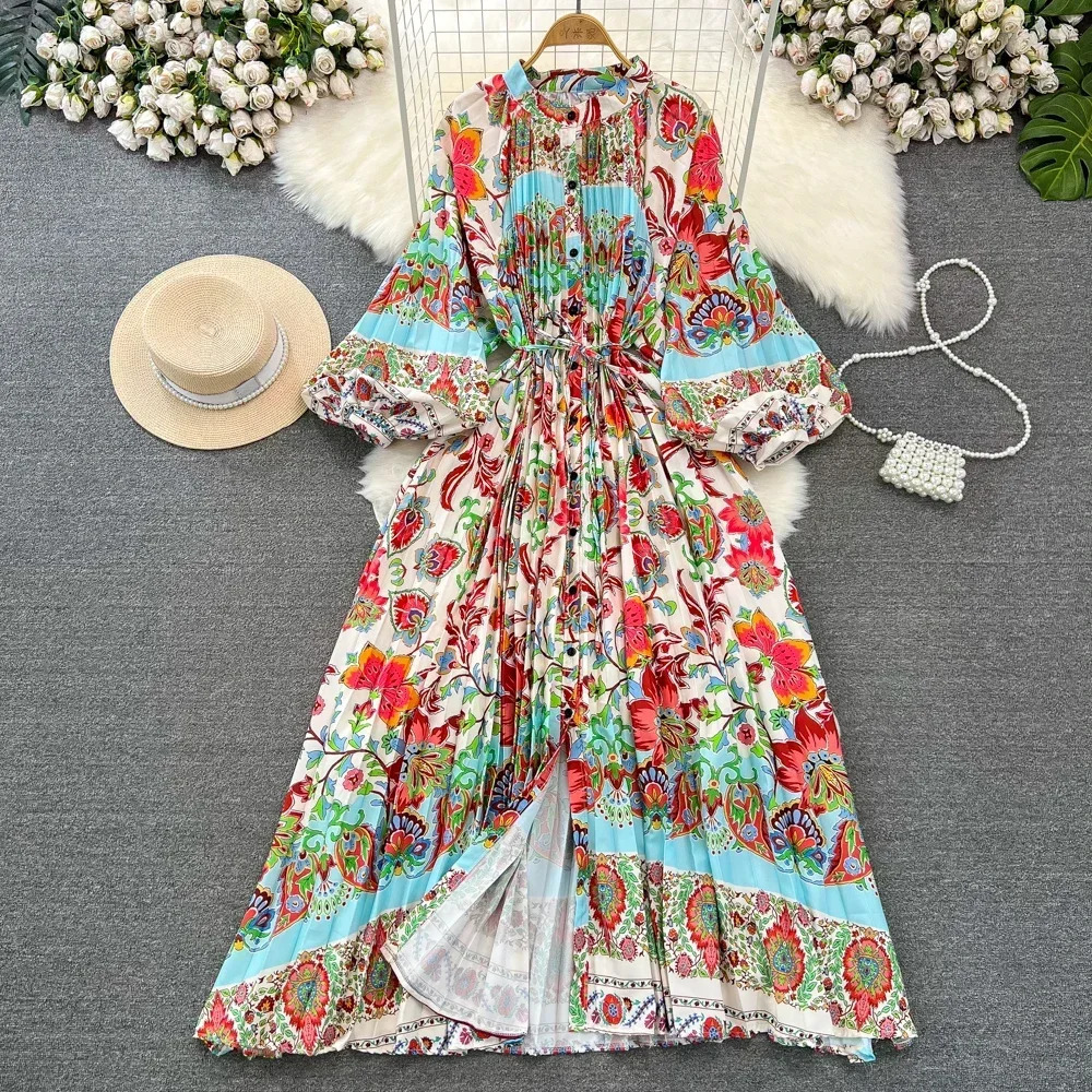 Retro Elegant Sashes O Neck Single Breasted Print Dresses Long Lantern Sleeves A-line Casual High Waist Women Autumn Clothing 250728