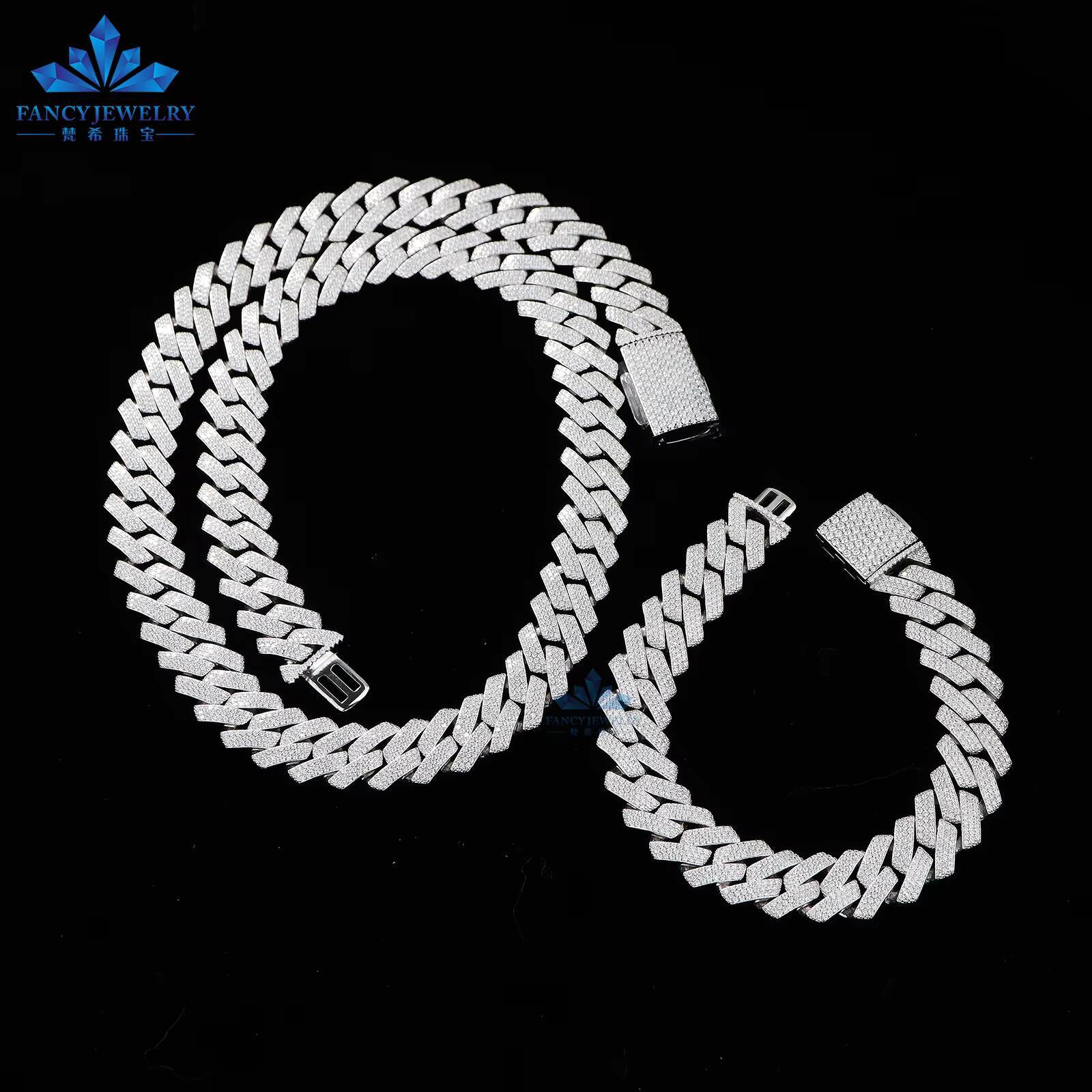 2025Fancy Advanced Customization 925 Sterling Silver Heavy Weight Hand-set Stone Moissanite Iced Out Cuban Link Chain
