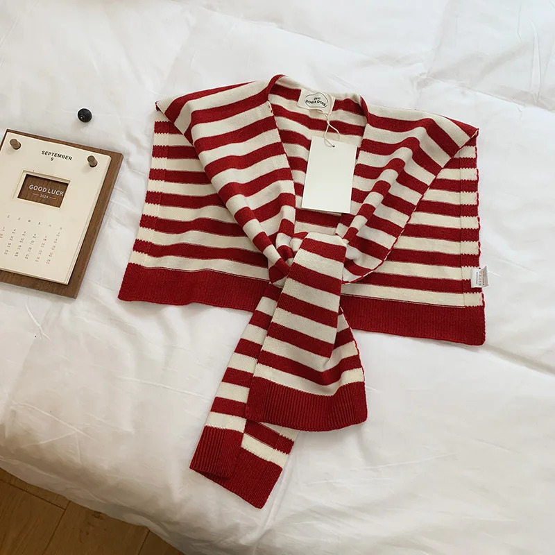 Angora Red Wool Shawl Knitting Striped Shawl Detachable Collar Air-conditioned Room Warm Shawls Woman Scarf 250807