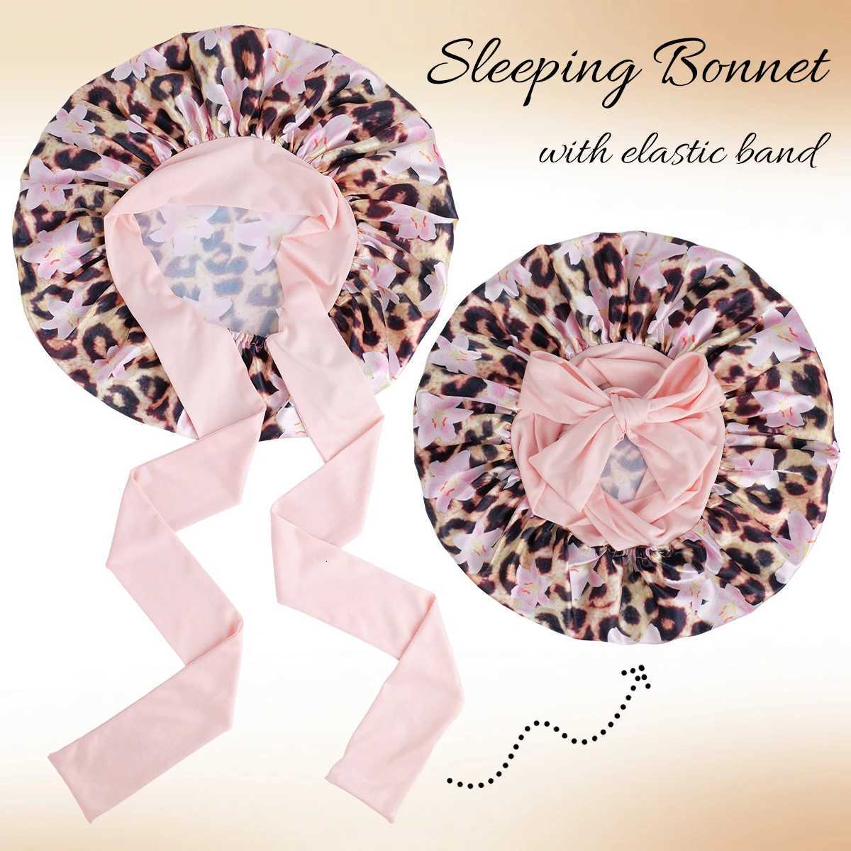 1PC Leopard Print Silky Satin Sleep Bonnet with Adjustable Tie Band for Natural Curly Hair Night Shower Hair Cover Z250808