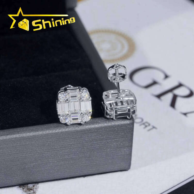 Ready to Ship Hip Hop Jewelry Pass Tester Sterling Sier VVS Moissanite Dia Classic Baguette Stud Earrings