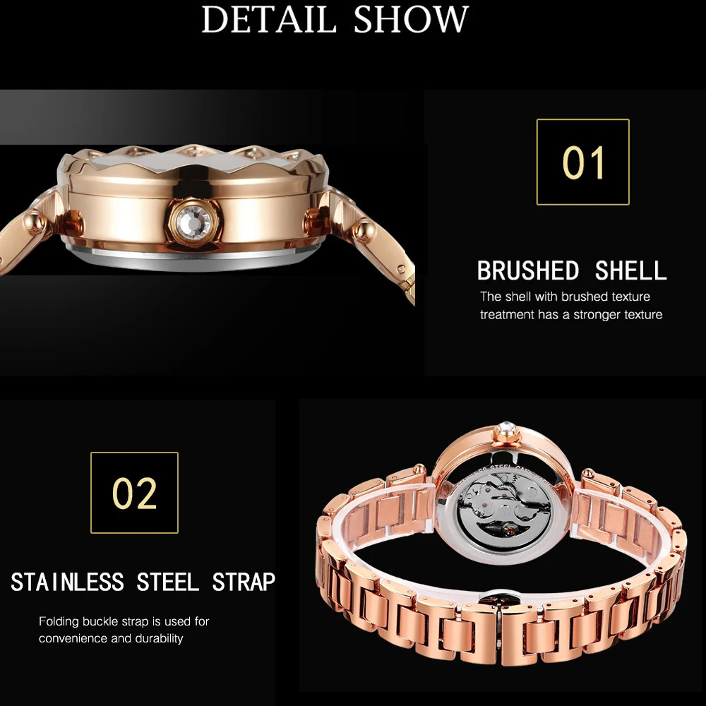 FORSINING Romantic Womens Automatic Mechanical Watches Skeleton Rhinestone Luminous Stainless Steel Stylish Female Wristwatches 250807