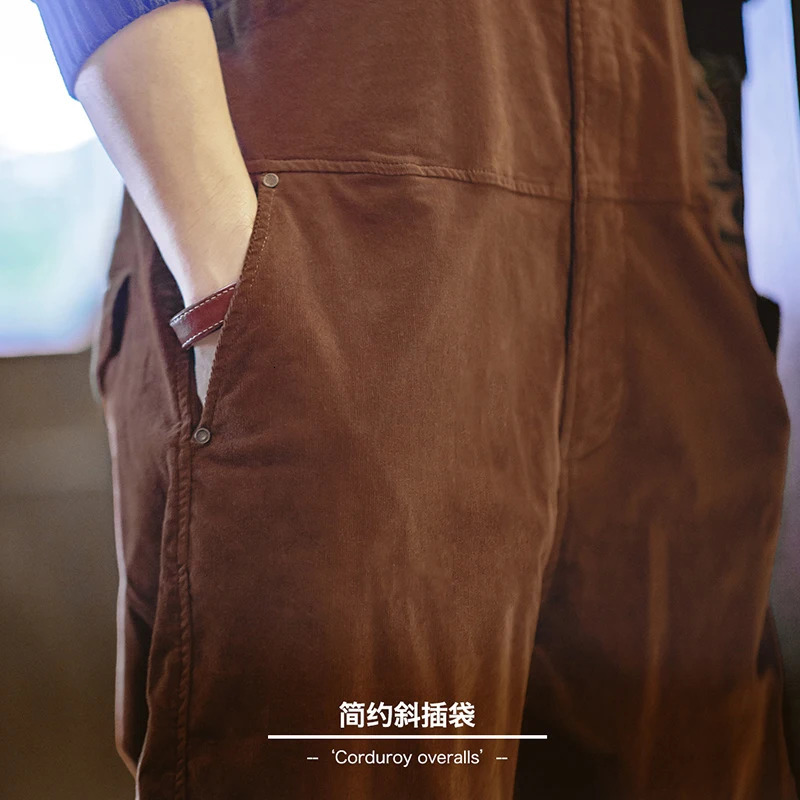 Maden Retro Corduroy Overalls Solid Color Loose with Pocket Adjustable Suspender Jumpsuit for Mens Spring and Autumn Trousers 250804