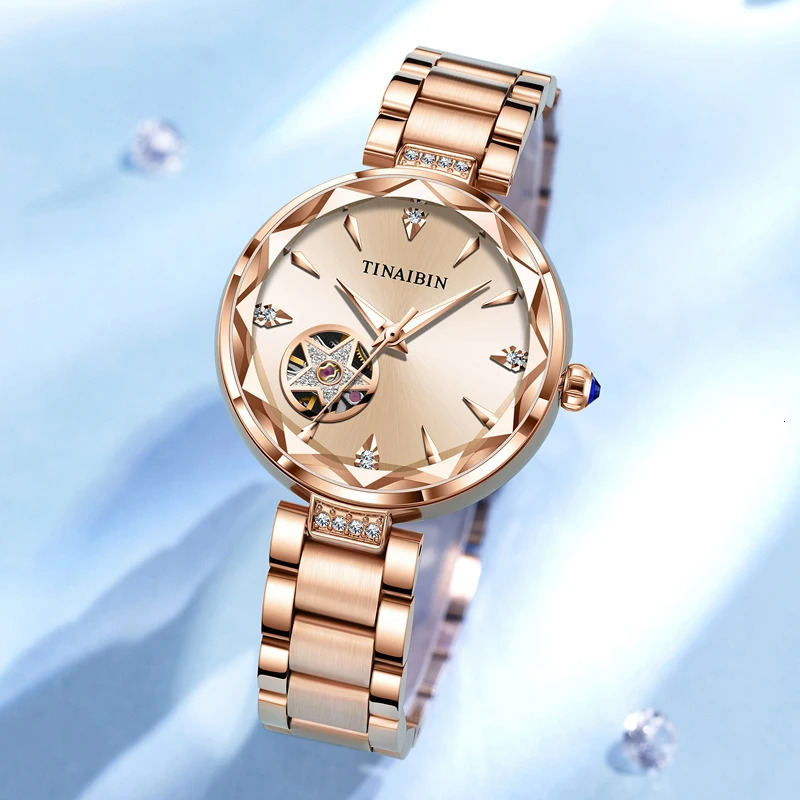 TINAIBIN High End Lady Woman Watches Waterproof Skeleton Automatic Mechanical Fashion Rose Gold 250807