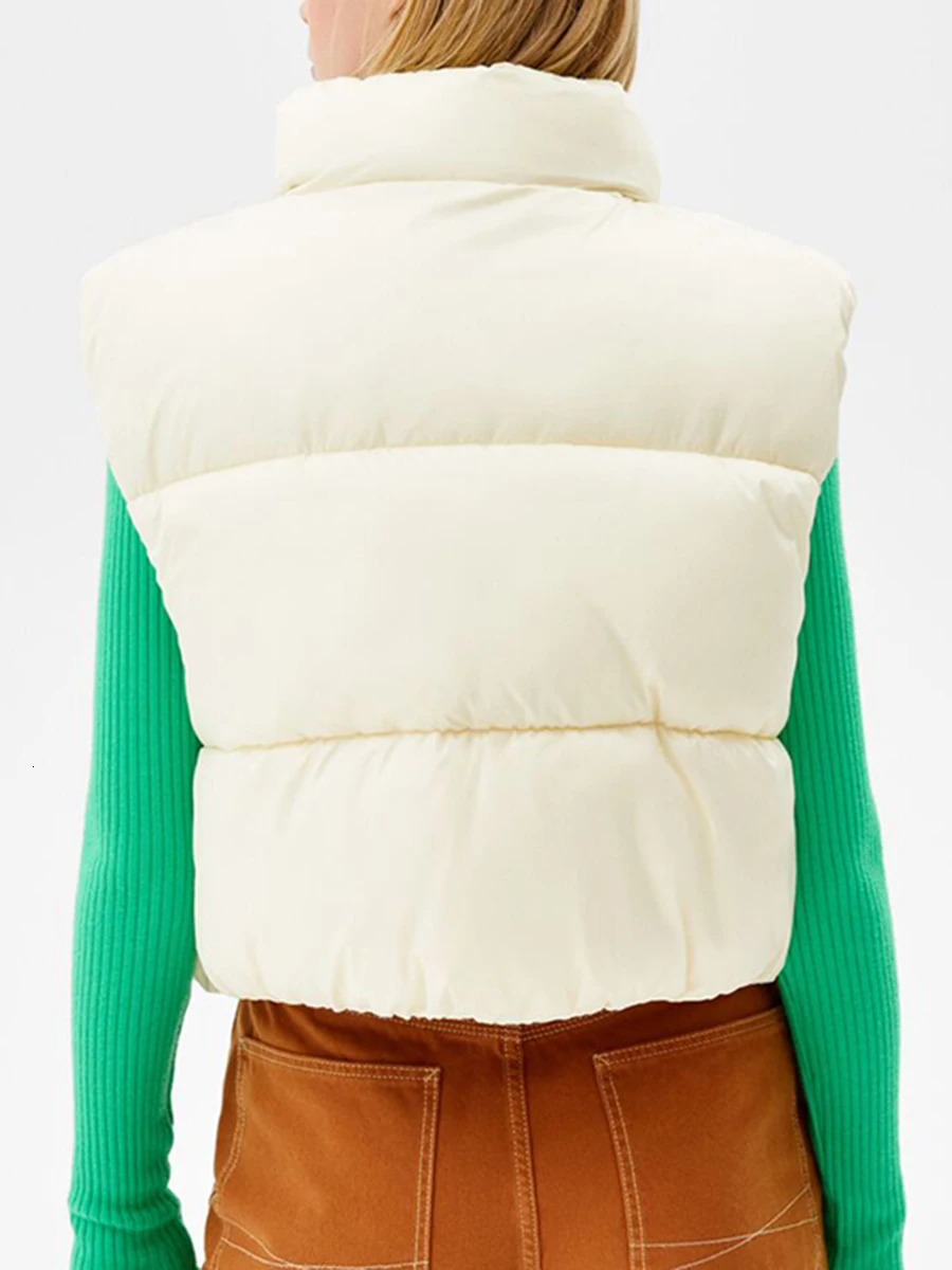Fashion Women Cropped Puffer Vest Warm Solid Color Lightweight Sleeveless Zipper Down Jacket for Winter Outwear Streetwear 250804