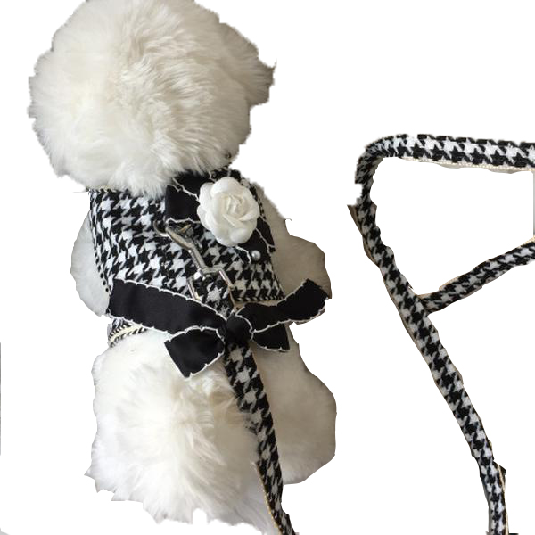 Elegant Houndstooth Dog Harness Leash Set with Bow Tie Stylish and Comfortable Pet Fashion Summer Thin Vest
