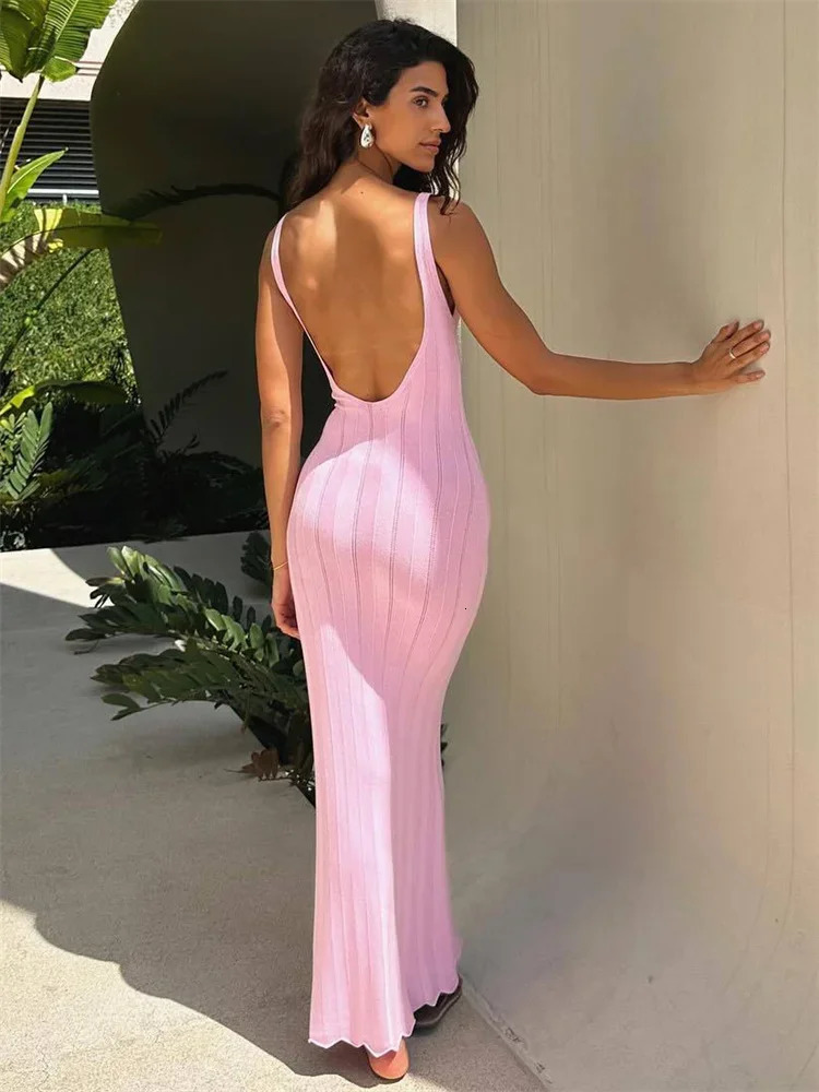 Tossy Summer Knit Ribbed Maxi Dress Female Slim Hollow Out Backless High Waist Fashion Beach Holiday Clothes Long Dress Womens 250804