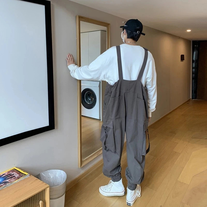 Suspenders Jumpsuit Pants Men Summer Overalls Japanese Loose Straps Casual Pockets Unisex Oversize Streetwear Solid Man Clothing 250804