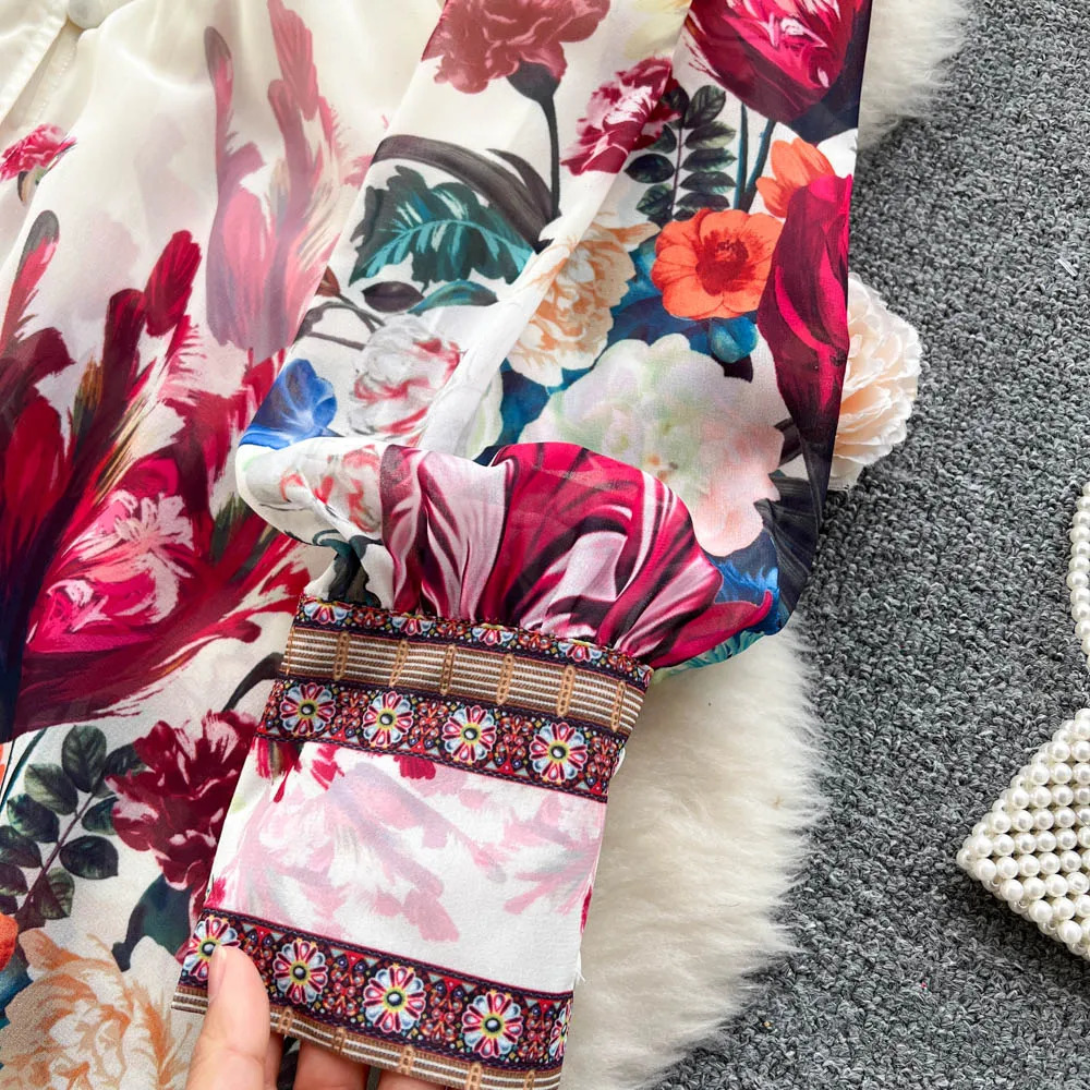 Women Deep V-Neck Bohemian Style Dress Spring Summer Runway Long Sleeve Casual Floral Print Ruffles Sweet Cascading Vestidos 250728