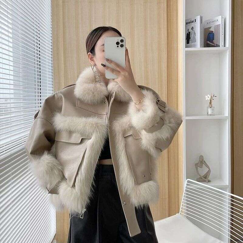 Women's Fox Patchwork Fur Motorcycle Vintage Loose Jacket fur coat