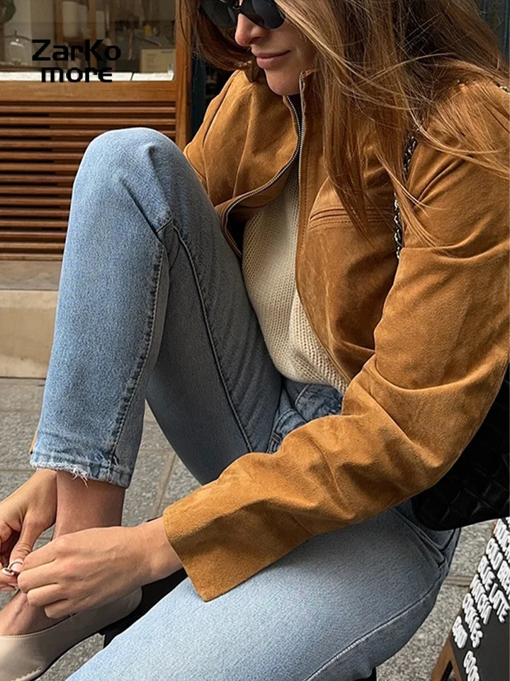 Fashion Womens Short Suede Jacket Loose Green Lapel Zipper Long Sleeve Bomber Coat Spring Lady High Street Outwears 250805