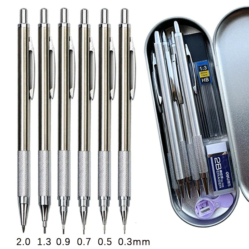 6pcs Metal Mechanical Pencil with Pen Box Lead Eraser Pencil Sharpener Set 0.3 0.5 0.7 0.9 1.3 2.0mm Art Sketch Automatic Pencil 250806