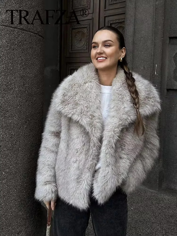 TRAFZA Women Fashion Faux Fur Jacket Vintage Turn-Down Collar Long Sleeve Coat Autumn Winter Woman Elegant Streetwear 250806