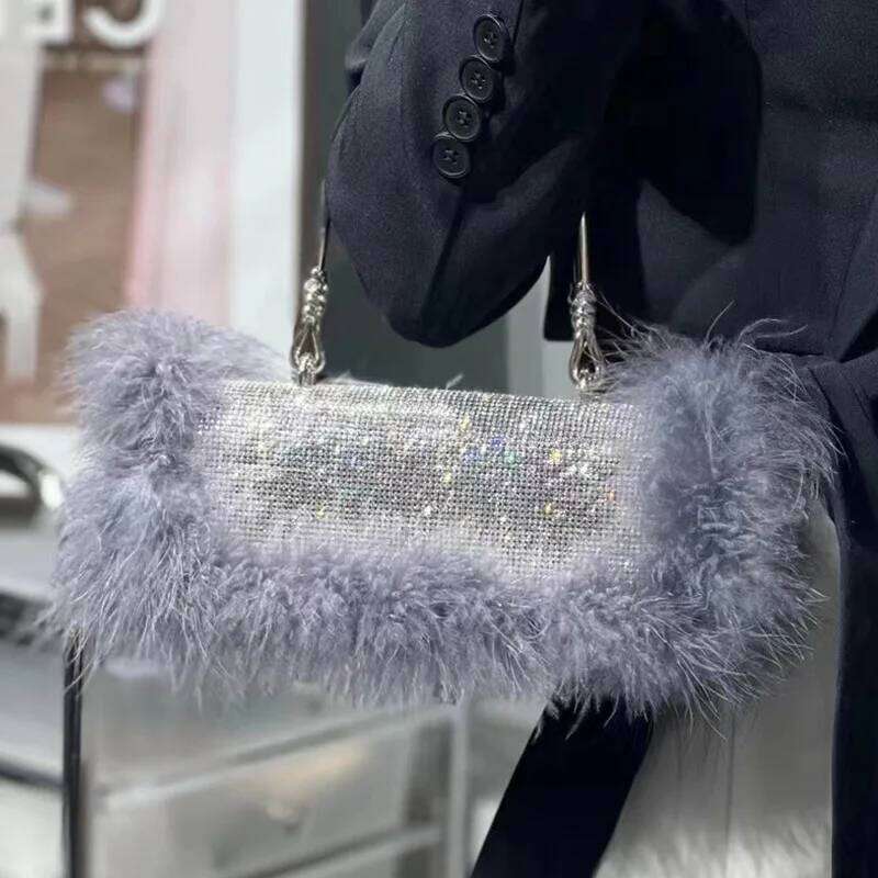 Ostrich Feathers Dias Evening Bags Rhinestone Women Handbag Faux Fur Shoulder Crossbody Bag Glitter Party Small Purse