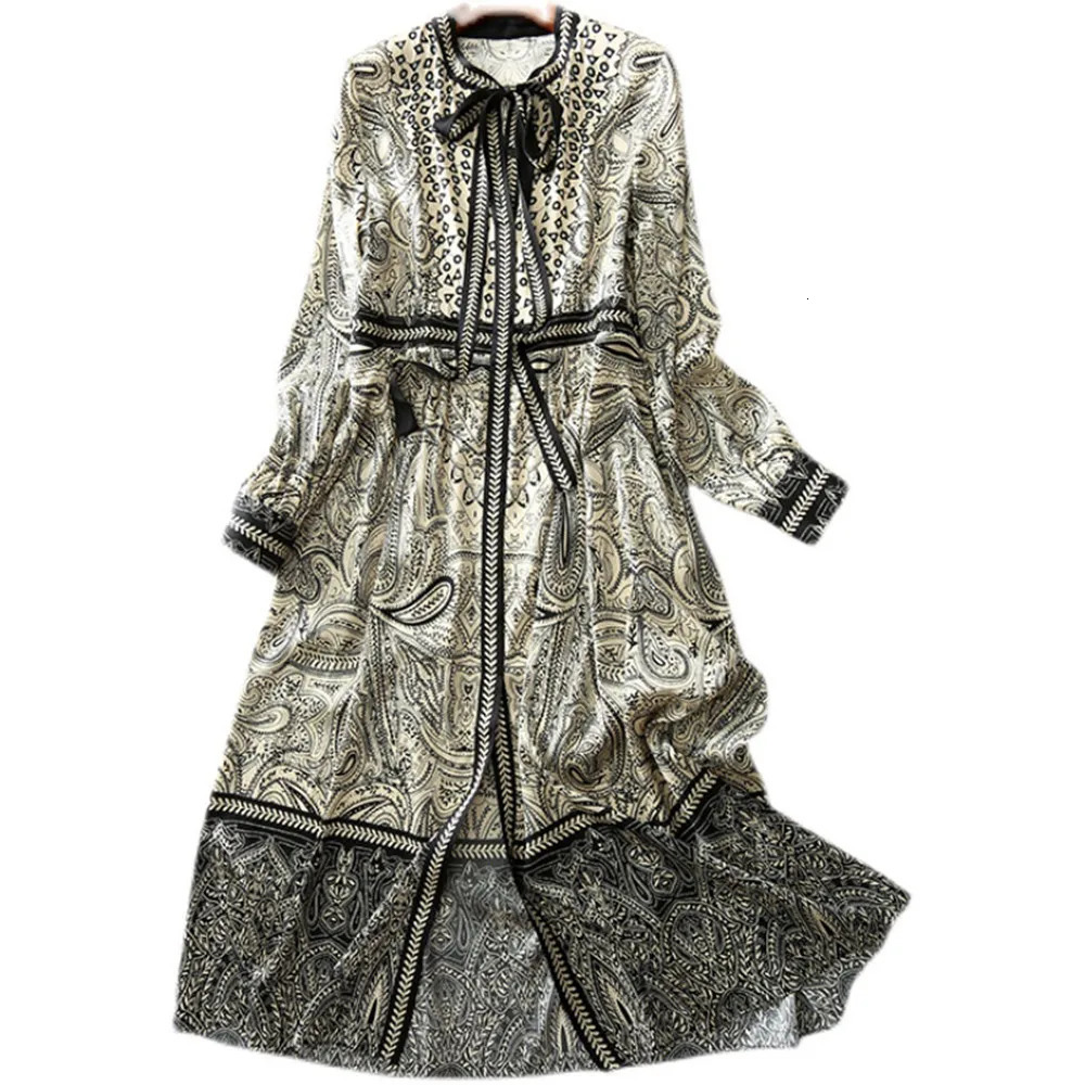 Vintage Style Printed Womens Dress Long Sleeved Dresses Autumn Trendy Woman Lace Up Office Clothing 250728