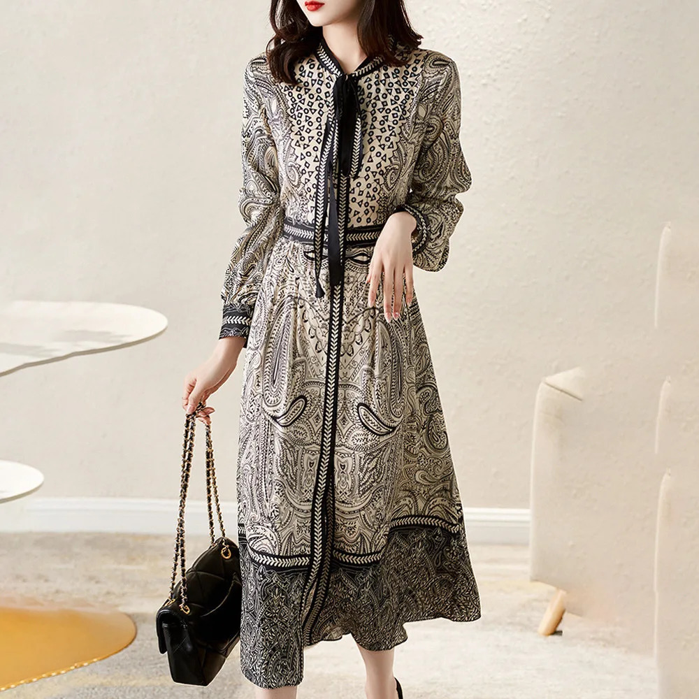 Vintage Style Printed Womens Dress Long Sleeved Dresses Autumn Trendy Woman Lace Up Office Clothing 250728