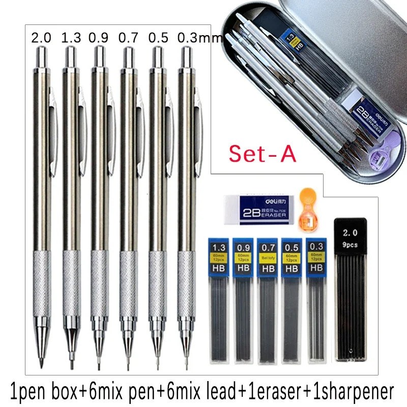 6pcs Metal Mechanical Pencil with Pen Box Lead Eraser Pencil Sharpener Set 0.3 0.5 0.7 0.9 1.3 2.0mm Art Sketch Automatic Pencil 250806