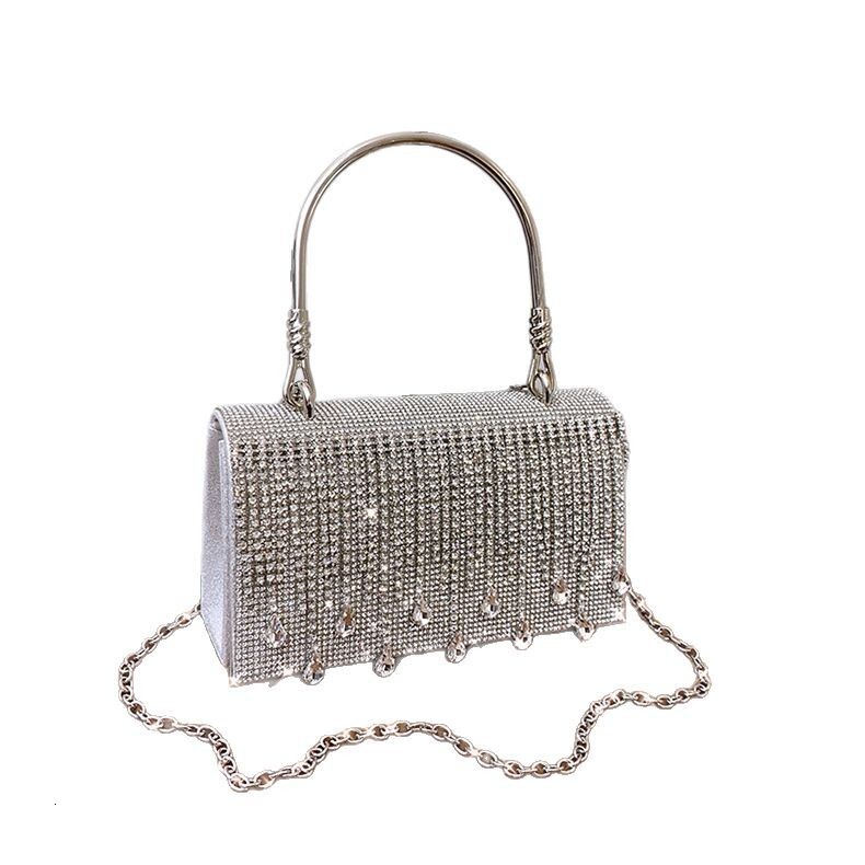 Luxury Brand Designer Bag 2025 Fashion Tassel Rhinestone Handbag For Women, Niche Design With Hot Stamped Rhinestones, Evening Bag With Metal Handle, 