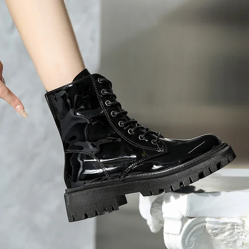 Lace Up Pink Ankle Boots Woman Patent Leather Platform Motorcycle Thick Heels Zipper Short Booties 250801