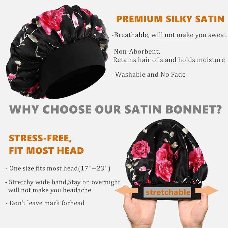 Floral Print Bonnets Women Night Sleeping Cap Wide Elastic Band Silky Headwrap Ladies Hair Cover Shower Bathing Makeup Hat Z250808